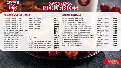 Zaxby's prices - Find Zaxby's at 507 E Bypass NE, Moultrie, GA 31768: Discover the latest Zaxby's menu and store information. ... Zaxby's Menu and Prices. Last Update: 2023-06-09. Meal Dealz. NEW ! Boneless Wings Meal : $5.49: 0. Big Zax Snak® Meal : $5.99: 0. Buffalo Big Zax Snak® Meal : $6.29: 0. Buffalo Wings Meal :